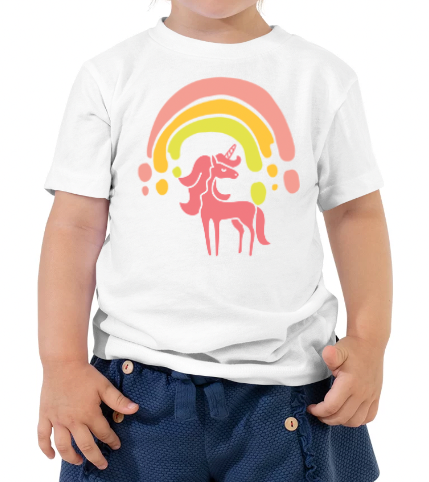 Camiseta de manga corta para niños pequeños con unicornio arcoíris (niña)